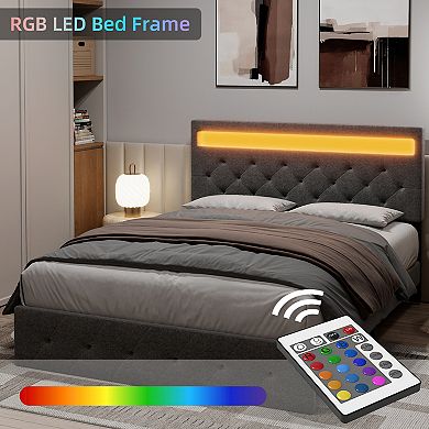 ANIXOL Modern Upholstered Bed Frame with Adjustable Headboard, LED Lights