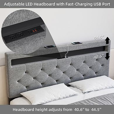 ANIXOL Modern Upholstered Bed Frame with Adjustable Headboard, LED Lights