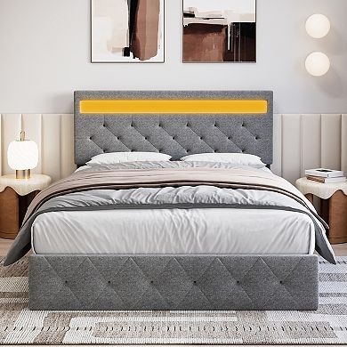 ANIXOL Modern Upholstered Bed Frame with Adjustable Headboard, LED Lights