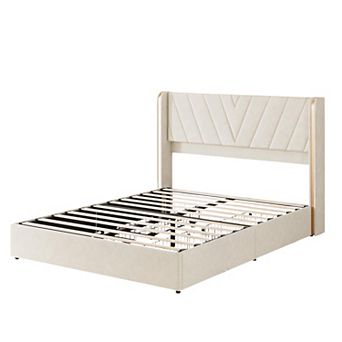 Upholstered Bed Frame with RGB LED Lights, Velvet Platform Bed Frame with Wingback Headboard