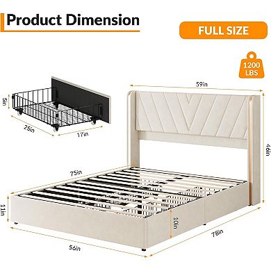 Upholstered Bed Frame with RGB LED Lights, Velvet Platform Bed Frame with Wingback Headboard
