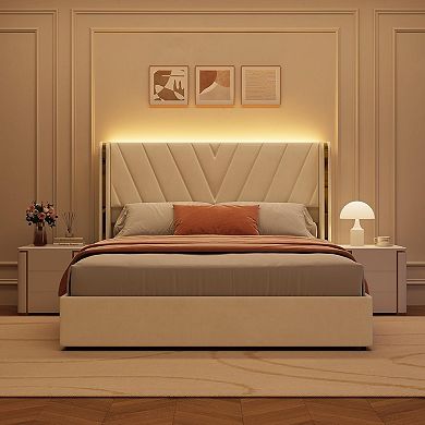 Upholstered Bed Frame with RGB LED Lights, Velvet Platform Bed Frame with Wingback Headboard