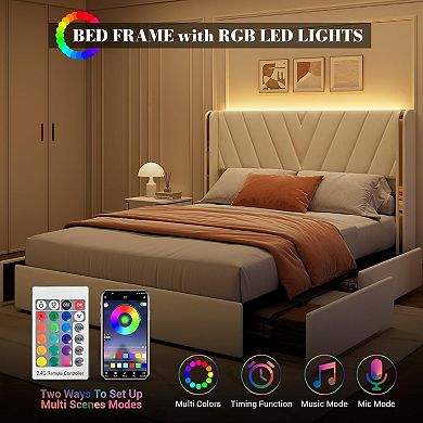 Upholstered Bed Frame with RGB LED Lights, Velvet Platform Bed Frame with Wingback Headboard