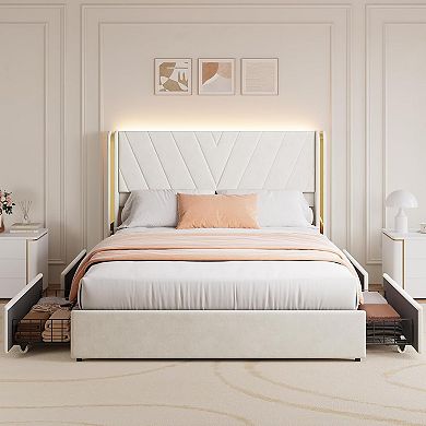 Upholstered Bed Frame with RGB LED Lights, Velvet Platform Bed Frame with Wingback Headboard