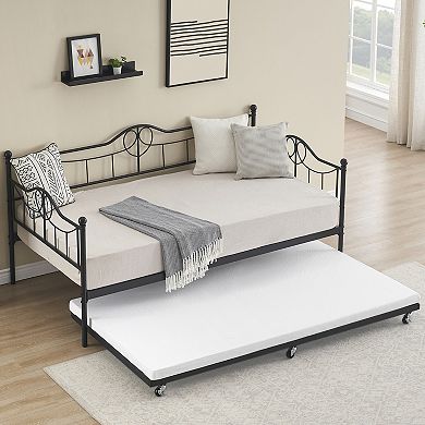 ANIXOL Space-Saving Twin Metal Daybed with Pull-Out Trundle Sturdy Steel Slats