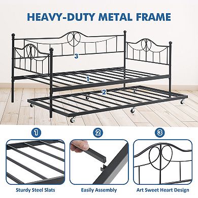 ANIXOL Space-Saving Twin Metal Daybed with Pull-Out Trundle Sturdy Steel Slats