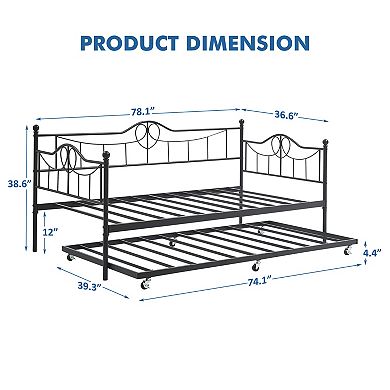 ANIXOL Space-Saving Twin Metal Daybed with Pull-Out Trundle Sturdy Steel Slats