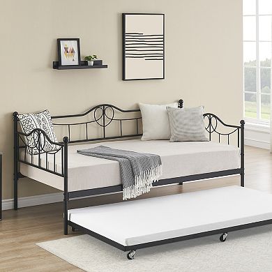 ANIXOL Space-Saving Twin Metal Daybed with Pull-Out Trundle Sturdy Steel Slats