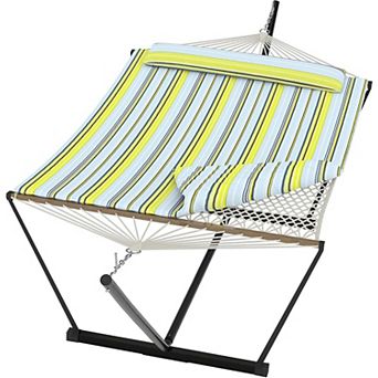 ANIXOL Double Hammock with Stand, Polyester Fabric, Blue Green Stripes