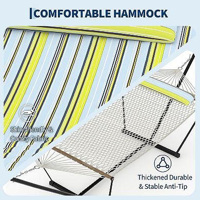 ANIXOL Double Hammock with Stand, Polyester Fabric, Blue Green Stripes