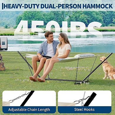 ANIXOL Double Hammock with Stand, Polyester Fabric, Blue Green Stripes