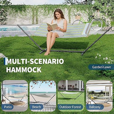 ANIXOL Double Hammock with Stand, Polyester Fabric, Blue Green Stripes