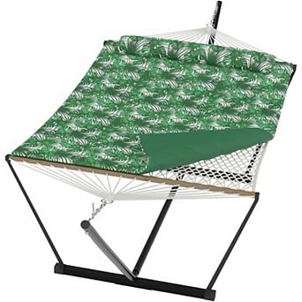 ANIXOL Double Hammock with Stand, Polyester Fabric, Green Leaves