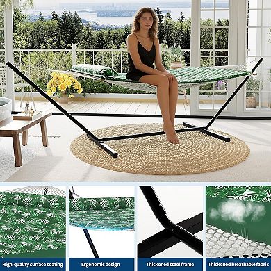 ANIXOL Double Hammock with Stand, Polyester Fabric, Green Leaves