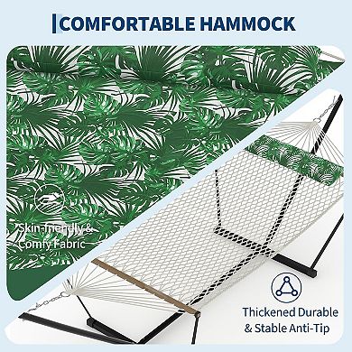 ANIXOL Double Hammock with Stand, Polyester Fabric, Green Leaves