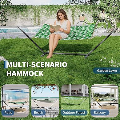 ANIXOL Double Hammock with Stand, Polyester Fabric, Green Leaves