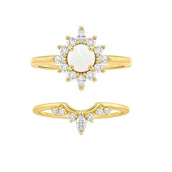 PRIMROSE Cubic Zirconia & Simulated Opal Cluster V Shape Band Ring Set