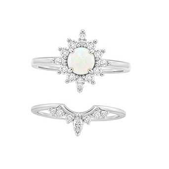 PRIMROSE Cubic Zirconia & Simulated Opal Cluster V Shape Band Ring Set
