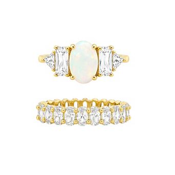 PRIMROSE Cubic Zirconia & Simulated Opal Center Stone Oval Eternity Band Ring Set