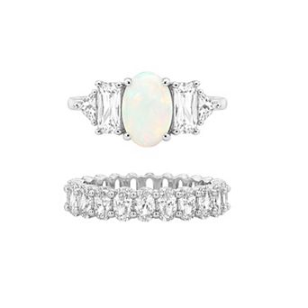 PRIMROSE Cubic Zirconia & Simulated Opal Center Stone Oval Eternity Band Ring Set