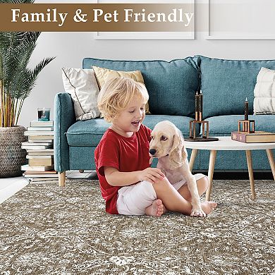 ANIXOL Vintage Floral Area Rug, Washable Non-Slip Thin Soft Indoor Carpet