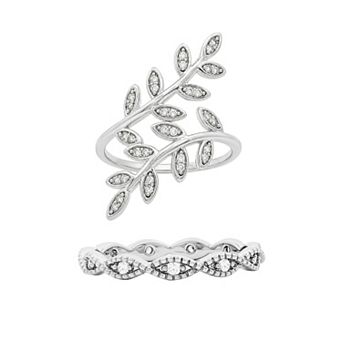 PRIMROSE Fine Silver Plated Cubic Zirconia Vine Bypass & Scalloped Band Ring Set