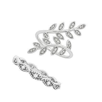 PRIMROSE Fine Silver Plated Cubic Zirconia Vine Bypass & Scalloped Band Ring Set