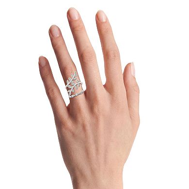 PRIMROSE Fine Silver Plated Cubic Zirconia Vine Bypass & Scalloped Band Ring Set