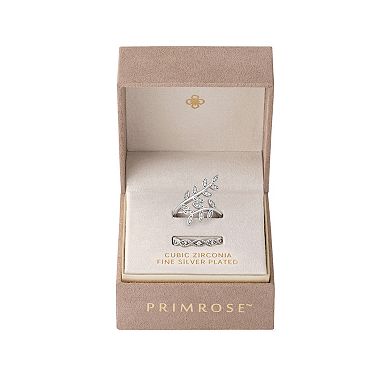 PRIMROSE Fine Silver Plated Cubic Zirconia Vine Bypass & Scalloped Band Ring Set