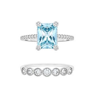 PRIMROSE Fine Silver Plated Cubic Zirconia Baguette & Beaded Ring Set