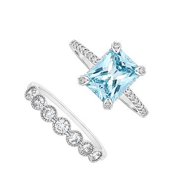 PRIMROSE Fine Silver Plated Cubic Zirconia Baguette & Beaded Ring Set