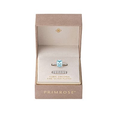 PRIMROSE Fine Silver Plated Cubic Zirconia Baguette & Beaded Ring Set