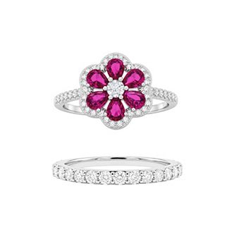 PRIMROSE Cubic Zirconia & Corundum Flower Pave Band Ring Set