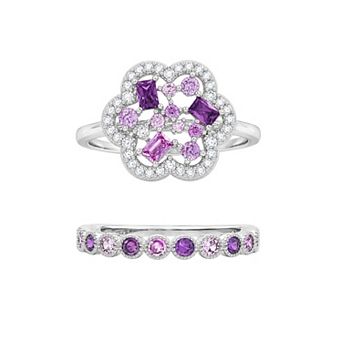 PRIMROSE Fine Silver Plated Cubic Zirconia Flower & Beaded Band Ring Set