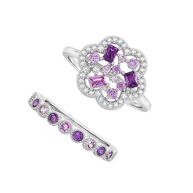 PRIMROSE Fine Silver Plated Cubic Zirconia Flower & Beaded Band Ring Set