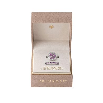 PRIMROSE Fine Silver Plated Cubic Zirconia Flower & Beaded Band Ring Set