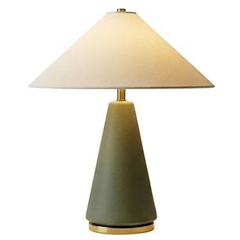 Dawn 19" Green Matte LED Table Lamp with Ivory Cotton Cone Shade and Brass Base