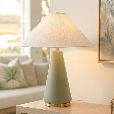 Dawn 19" Green Matte LED Table Lamp with Ivory Cotton Cone Shade and Brass Base