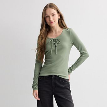 Juniors' Pink Republic Lace Up Long Sleeve Top