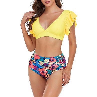 Women High Waist with Flounce Ruffles Two Piece Swimsuit Sets