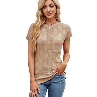 Women's Checkered Short Sleeve Pullover Knit Cap Sleeve Top with Chest Pocket
