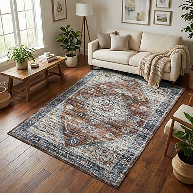 Distressed Area Rug Machine Washable Low Pile Pet Friendly Ultra Thin Carpet for Kid's Room Kitchen