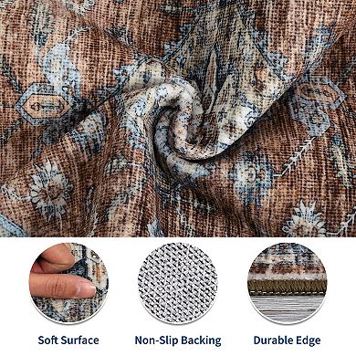 Distressed Area Rug Machine Washable Low Pile Pet Friendly Ultra Thin Carpet for Kid's Room Kitchen