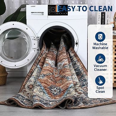 Distressed Area Rug Machine Washable Low Pile Pet Friendly Ultra Thin Carpet for Kid's Room Kitchen