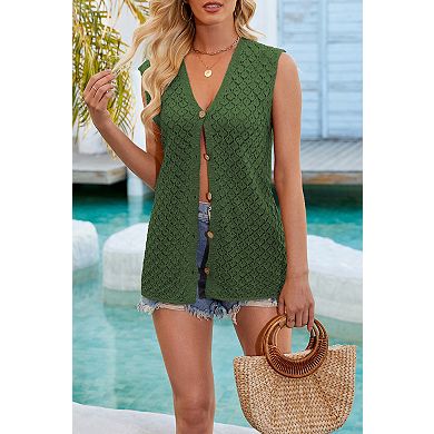 Women's Casual Button Down Sleeveless V-Neck Sweater Cardigan Solid Color Knit Vest