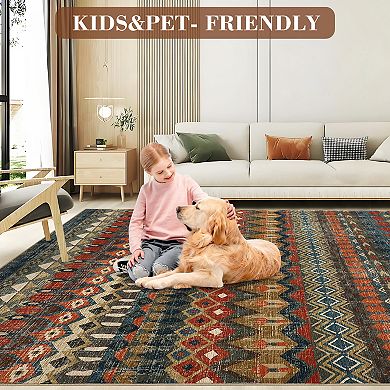 Boho Area Rug Machine Washable Low Pile Pet Friendly Ultra Thin Carpet for Kid's Room Kitchen