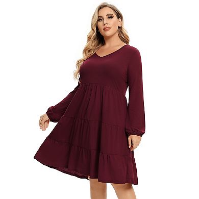 Women's Plus Size Long Sleeve V Neck Midi Dress