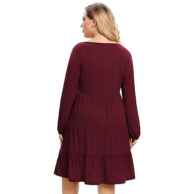 Women's Plus Size Long Sleeve V Neck Midi Dress
