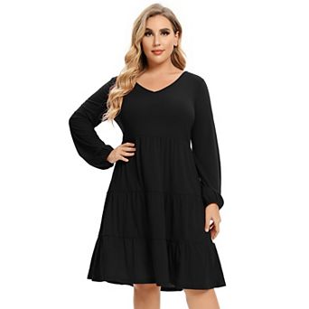 Women's Plus Size Long Sleeve V Neck Midi Dress