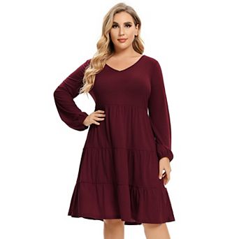 Women's Plus Size Long Sleeve V Neck Midi Dress